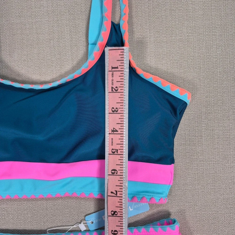 Popvil 3 Piece Swimsuit Set Teal Pink Colorblock Ric Rac Skirt Bikini Womens L
